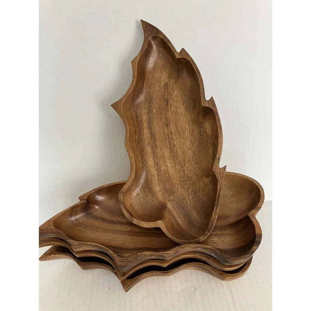 3 VTG Monkey Pod Hawaiian  Wood Serving Dishs Carved Bowl Leaf  Boho Pheasant‎
